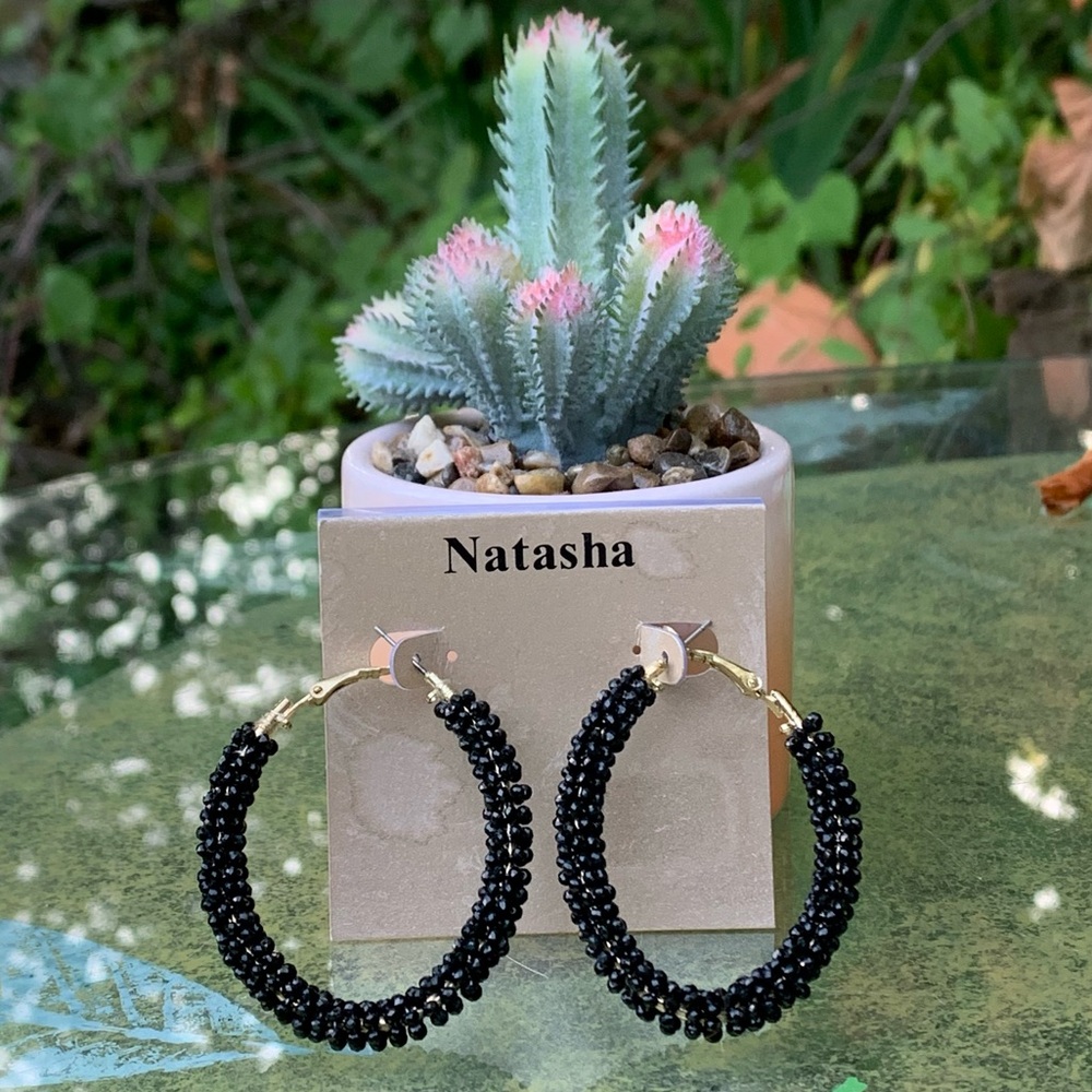 NATASHA Beaded Black & Gold BIG HOOPS EARRINGS!
